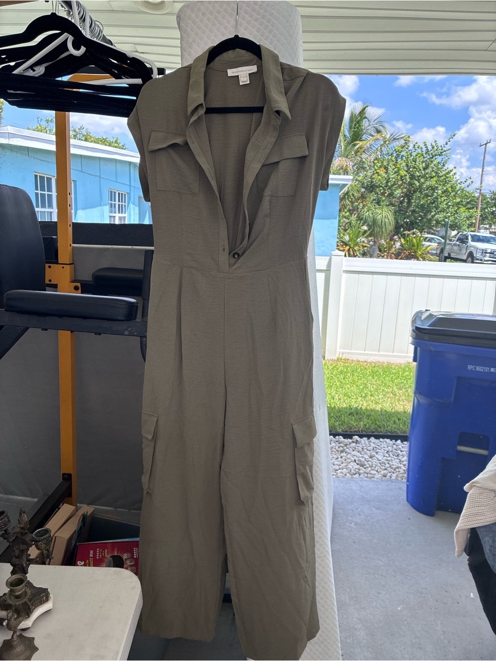 Monteau Olive Utility Short-Sleeve Cargo Jumpsuit